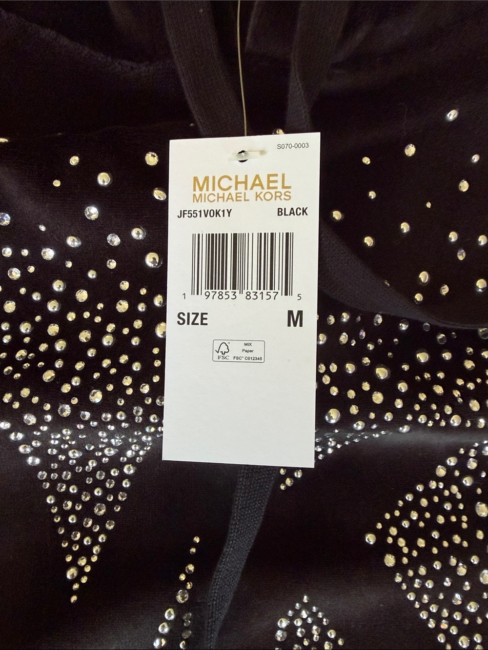 NWT Michael Kors Black Velvet Hoodie with Rhinestone MK Design Size Medium - Picture 3 of 5